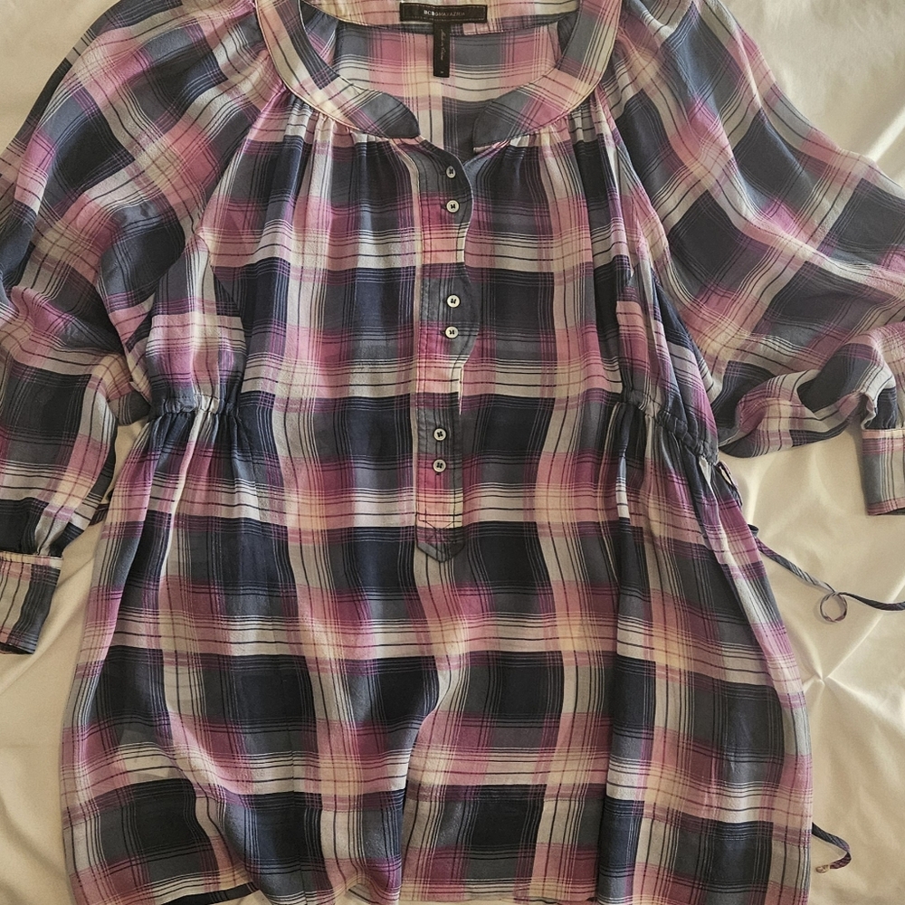 BCBGMAXAZRIA silk plaid blouse pink gray M / pregnancy